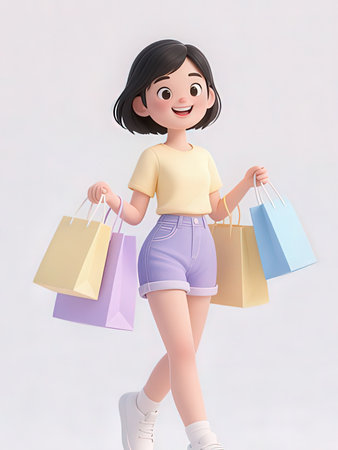 cute asian girl with shopping bags on white background, 3d rendering