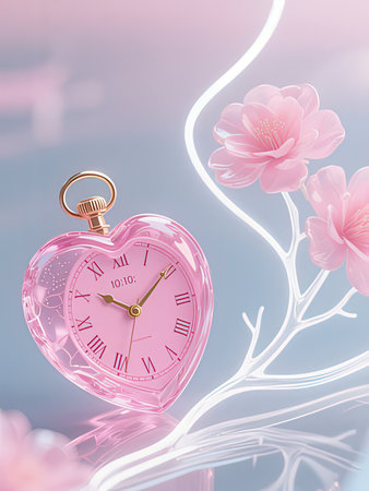 Pink heart shaped clock and pink flowers on blue background. Valentines day concept