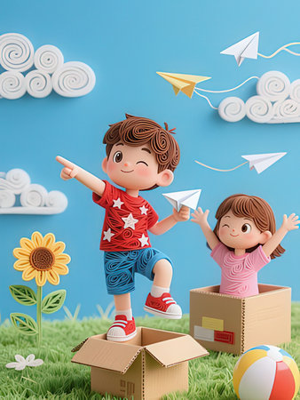 Children playing with paper airplane and paper plane in the box. 3D renderingの写真素材