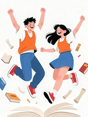 Vector illustration of a happy young man and woman jumping from books.の写真素材