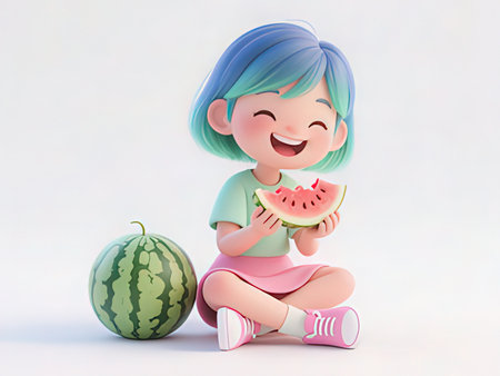 3d little girl with watermelon on white background, 3d renderingの写真素材