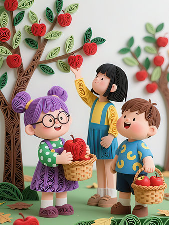 3d illustration of happy family with basket of apples in the gardenの写真素材