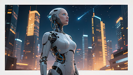 3D rendering of a female robot in the city at night.の写真素材