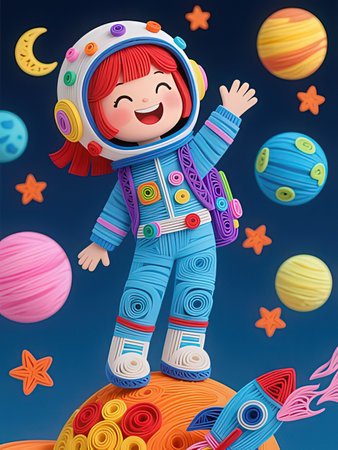 Cute little girl in space suit on the moon with planets and stars illustrationの写真素材