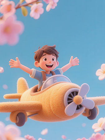Cute cartoon boy flying on airplane in the sky. 3D renderingの写真素材