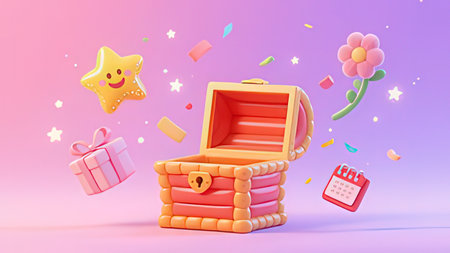 Open treasure chest with colorful confetti and gift boxes. 3d illustration