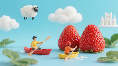 Miniature people on the boat with strawberry. 3d illustration.の写真素材