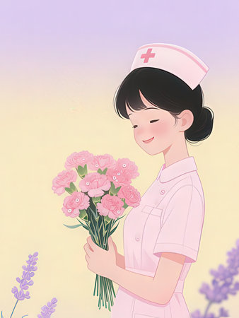 Nurse with bouquet of flowers in her hand, vector illustrationの写真素材