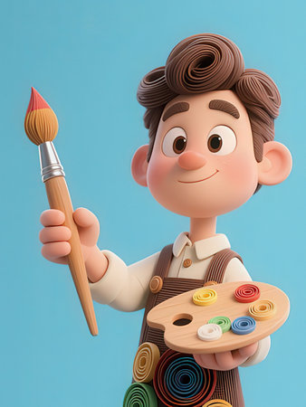 3d illustration of a cute cartoon artist with a palette and brush