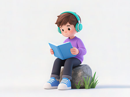 3d illustration of a little boy reading a book while wearing headphonesの写真素材