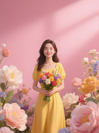 Beautiful asian woman with bouquet of flowers on pink backgroundの写真素材