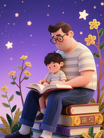 Father and son reading a book in the park. Vector illustration.の写真素材
