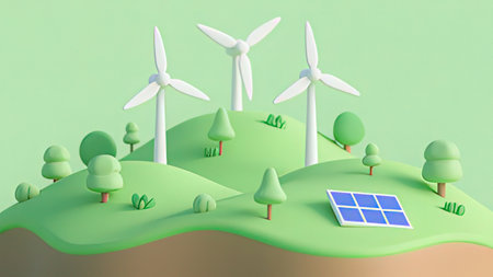 Green energy concept with wind turbines and solar panels. 3d renderingの写真素材