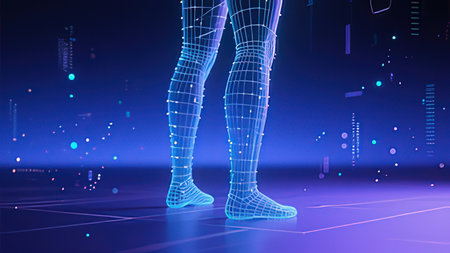 Futuristic cyborg legs in blue and purple cyberspace.の写真素材