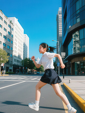 A teenage girl in a white T-shirt and black skirt is running in the city.の写真素材