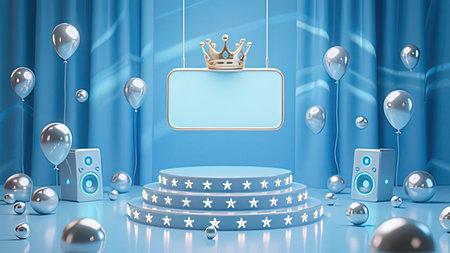 Crown on blue podium with blue curtains and balloons. 3D renderingの写真素材