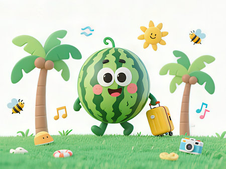 Watermelon character with summer vacation concept on white background. 3d rendering.の写真素材