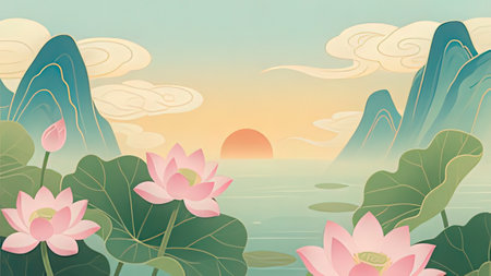 Landscape with lotus flowers and sunset. Vector illustration of a beautiful landscape.の写真素材
