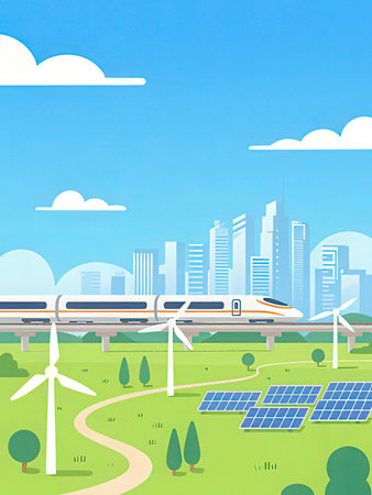 Vector illustration of a modern city landscape with a train and solar panels