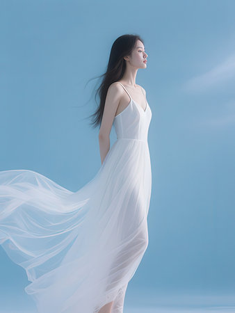 beautiful young asian woman in white fabric on blue sky backgroundの写真素材