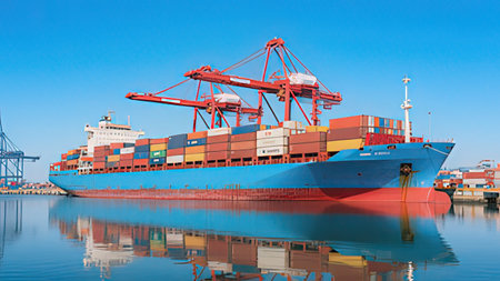 Container Cargo freight ship with working crane bridge in shipyard for Logistic Import Export...