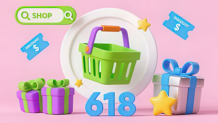 Shopping basket and gift boxes on pink background, 3d renderingの写真素材