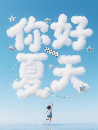 Cute little girl in the sea with the word 2015 on the clouds
