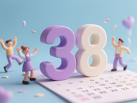 3d illustration of happy people celebrating with calendar and balloons