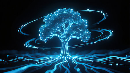 Glowing tree on blue background. Ecology concept. 3D Renderingの写真素材