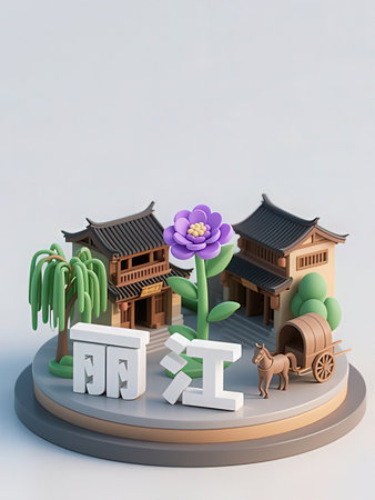 3d illustration of Chinese style building with flower in front of itの写真素材