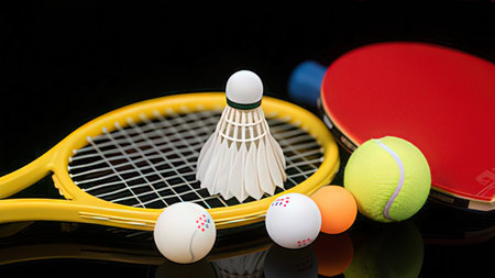 Badminton rackets and balls on a black background, close-upの写真素材