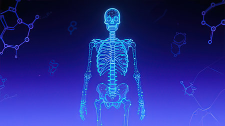 Human skeleton in blue neon light. 3D rendering, 3D illustration.
