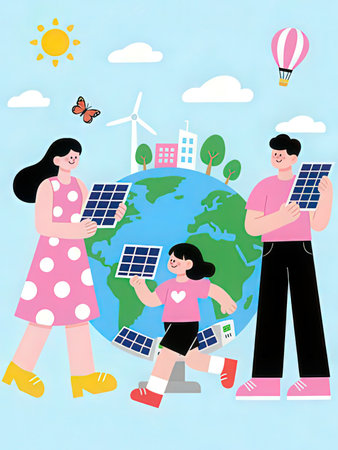Vector illustration of happy family with solar panels on the background of the world