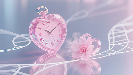3d illustration of pink heart with clock and flower on blue background