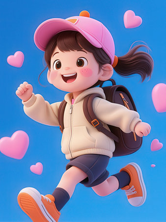 Cute little girl with a backpack and hearts flying around her.の写真素材