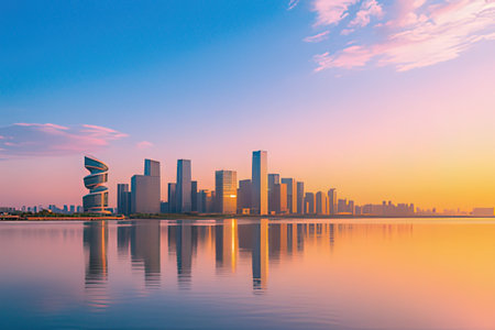 Beautiful architecture building exterior cityscape in Suzhou city at sunset time