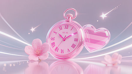 Valentine's day background with clock and heart. 3D rendering