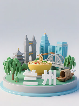 chinese food on the podium with cityscape background. 3d rendering