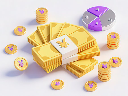 3d rendering of golden coins with yen sign on white background.
