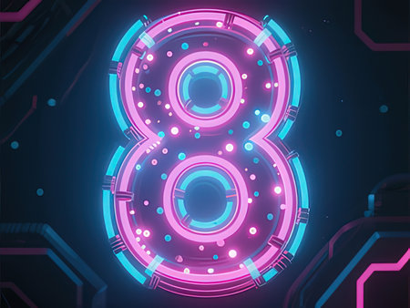 Neon number eight, 80s style, vector illustration eps10の写真素材