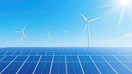 Solar panels and wind turbines on blue sky background. Alternative energy source.