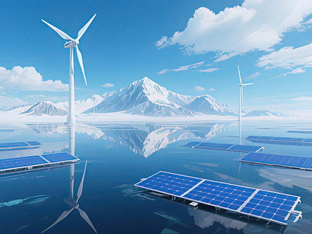 solar energy panels and wind turbines in water with snowy mountain background