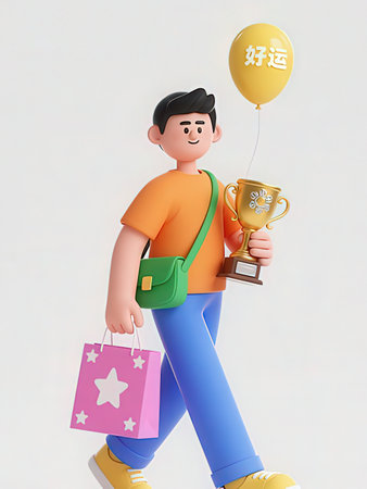 3d illustration of a happy man carrying a gold trophy and shopping bag