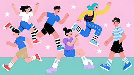 Group of people running together. Vector illustration in flat cartoon style.