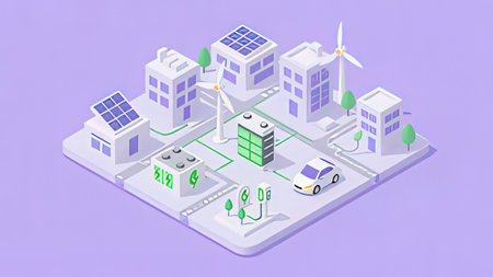 Eco city isometric concept vector illustration. 3d isometric city with solar panels, windmills and...