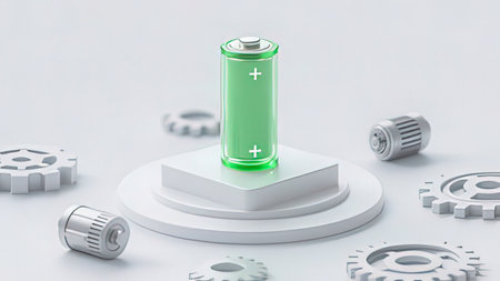 Green battery on white pedestal with gears. 3D rendering.