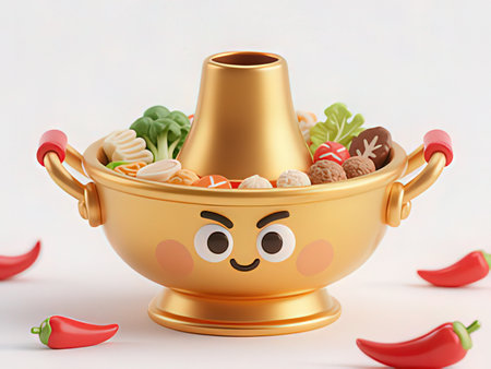 Vegetable salad in golden bowl with smiley face, 3d illustration