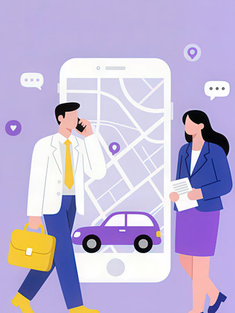 Vector illustration of a man and a woman using a mobile phone with a map
