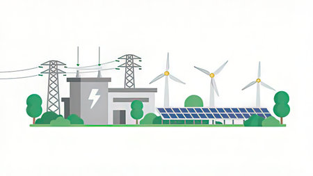 Power plant with solar panels, wind turbines and solar panels. Vector illustration.の写真素材