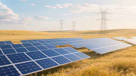 Solar energy panels in a field with electricity pylons in the background